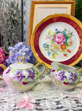 西洋古董 日瓷 全手绘紫色花卉 大号鎏金糖奶罐 薄瓷 现货