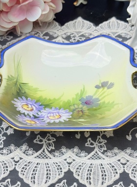 西洋古董 nippon 则武 全手绘彩色花卉蓝边鎏金双耳零食盘 现货