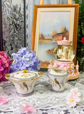 西洋古董limoges利摩日haviland 梅花与鸟 鎏金骨瓷糖奶罐 现货