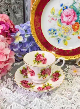 西洋古董 albert 内外红色玫瑰花束 鎏金骨瓷咖啡杯碟 现货