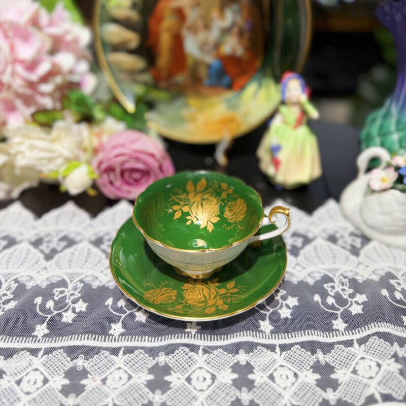 西洋古董 shelley祖母绿杯内金玫瑰花卉阔口鎏金骨瓷咖啡杯碟现货