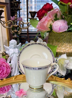 西洋古董 minton 明顿奶白釉黑色花环骨瓷咖啡杯碟 现货