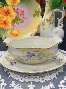 西洋古董利摩日limoges淡紫色渐变手绘紫色鸢尾赏盘 浇汁碗 现货