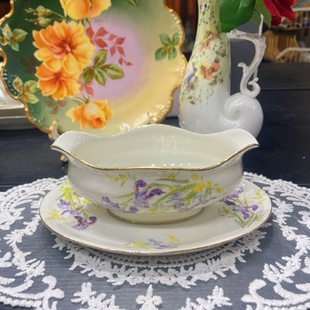 西洋古董利摩日limoges淡紫色渐变手绘紫色鸢尾赏盘 浇汁碗 现货