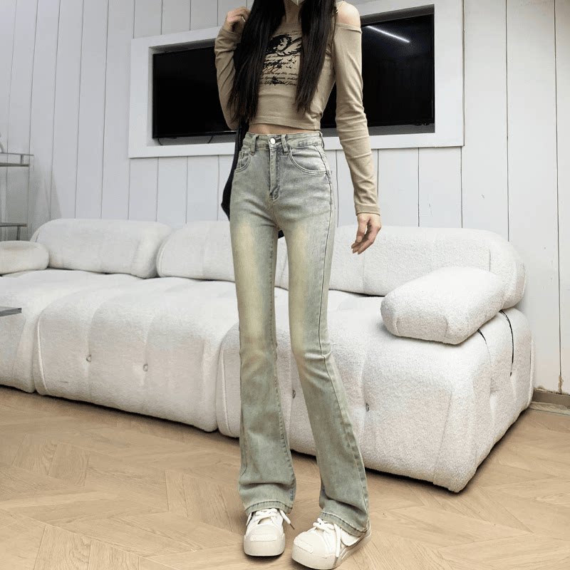 美式复古紧身微喇牛仔裤女春秋2024年修身马蹄裤高腰黄泥喇叭裤子