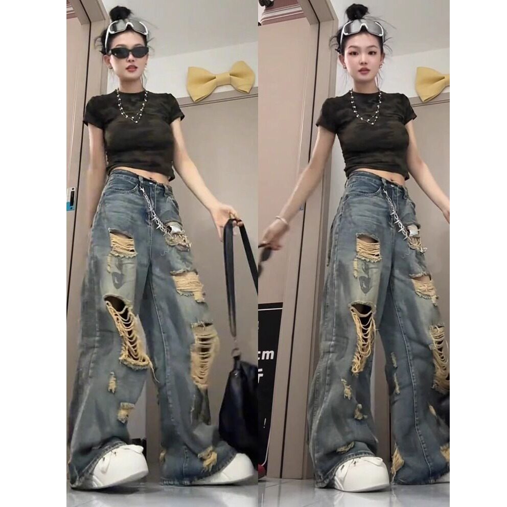 高个子加长版美式高街破洞牛仔裤女夏季高腰显瘦宽松阔腿拖地裤子