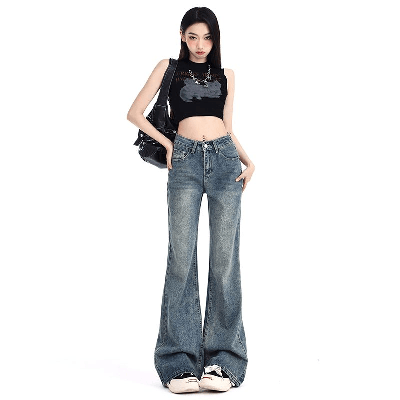 复古蓝高腰阔腿微喇牛仔裤女2025夏季新款显瘦百搭设计感拖地裤子