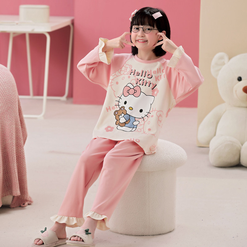 儿童纯棉睡衣女春秋季ins卡通kitty猫女童中大童长袖家居服套装