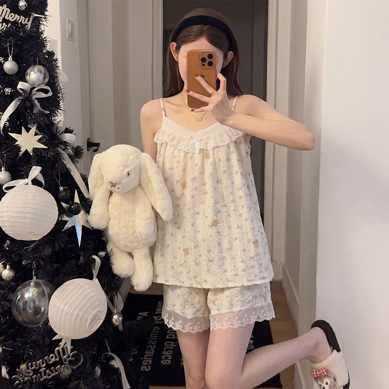 带胸垫睡衣女夏季薄款纯棉甜美公主风蕾丝花边吊带短裤家居服套装