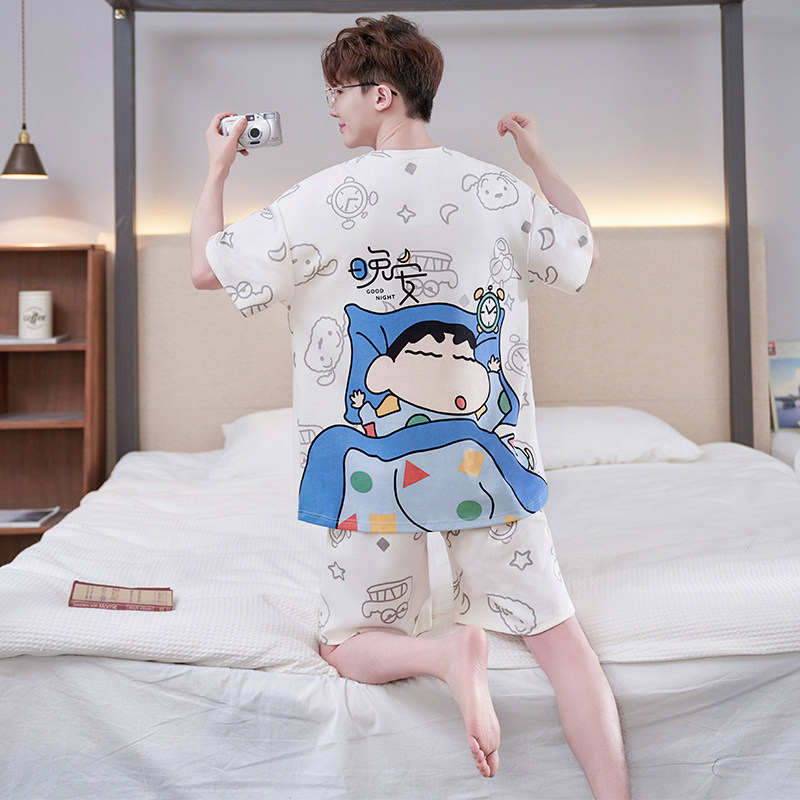 夏季蜡笔小新男士纯棉短袖短裤睡衣卡通青少年大码薄款家居服套装