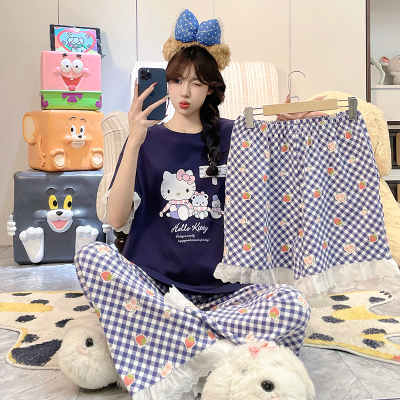 纯棉睡衣女夏季薄款短袖长裤大码ins卡通kitt猫家居服三件套装