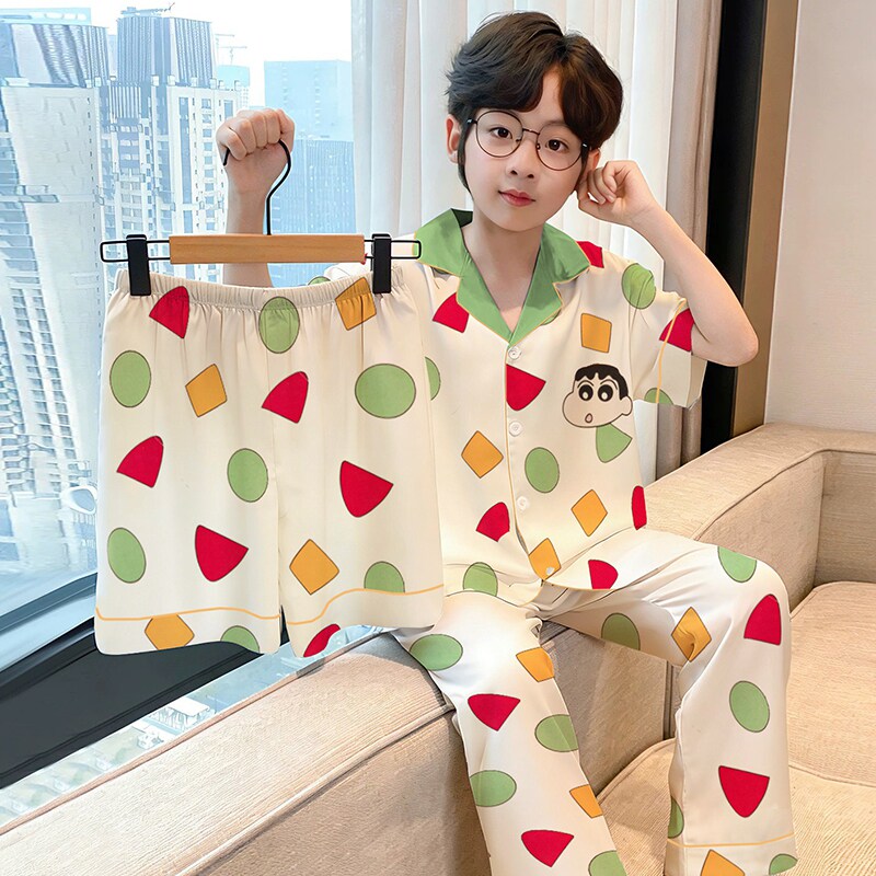 夏季薄款冰丝卡通开衫男童睡衣蜡笔小新短袖长裤三件套儿童家居服