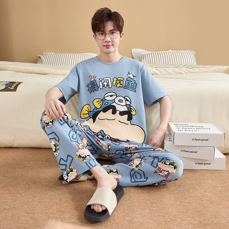 纯棉睡衣男夏季短袖长裤卡通蜡笔小新加大码青少年学生家居服套装