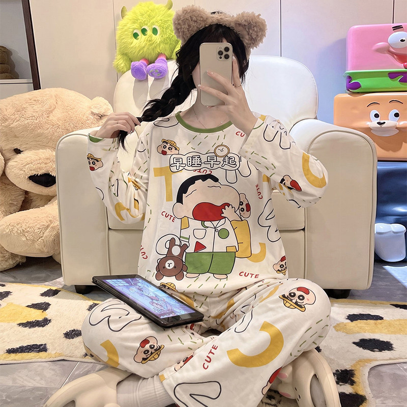 春秋季蜡笔小新纯棉睡衣休闲可外穿ins卡通少女学生家居服套装