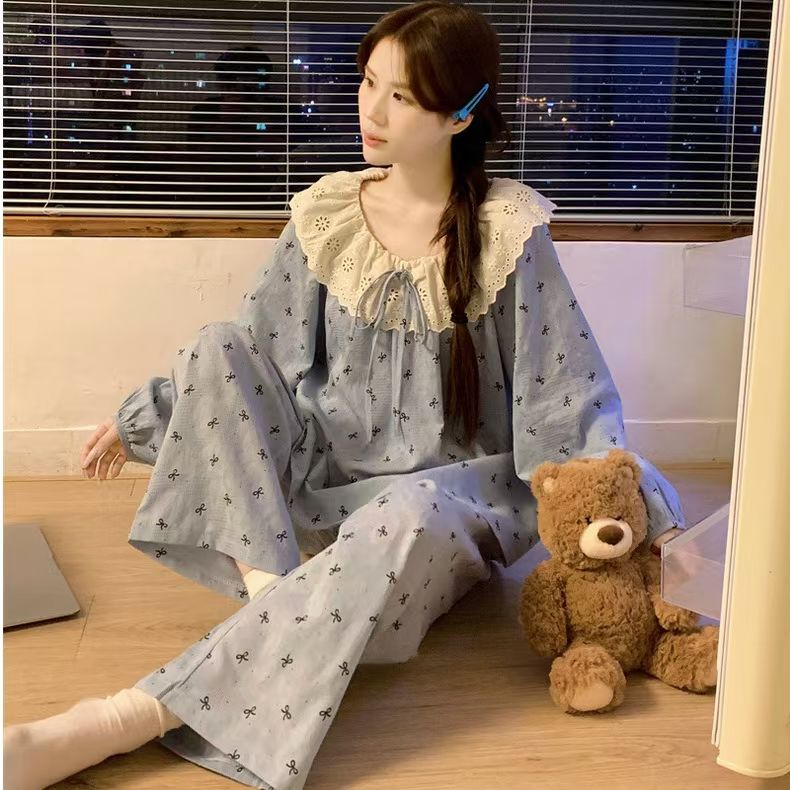 春秋季蕾丝花边薄款纯棉睡衣公主风少女学生蝴蝶结长袖家居服套装