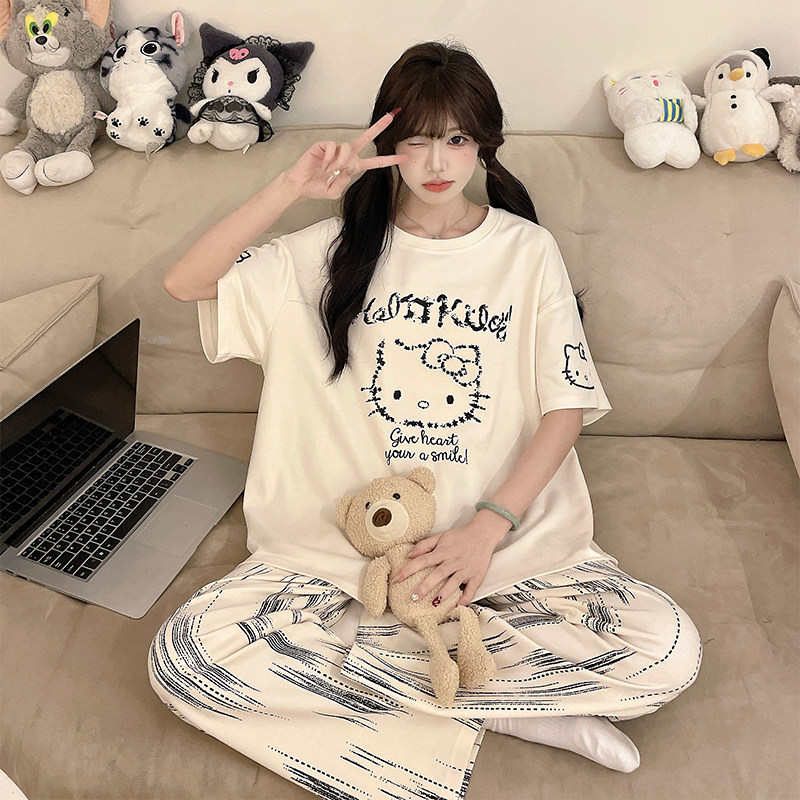kitty猫睡衣女夏季纯棉短袖长裤可爱卡通少女学生大码家居服套装