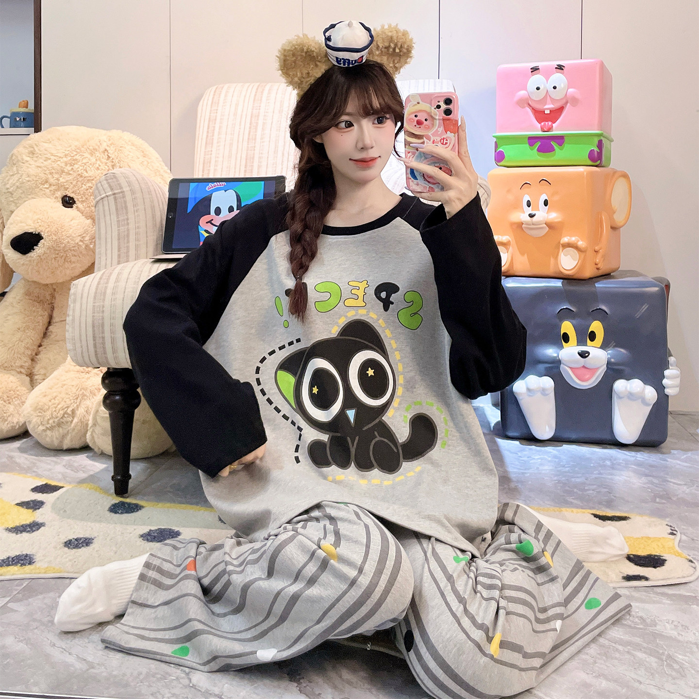 春秋季纯棉长袖长裤卡通星星人睡衣少女学生可外穿大码家居服套装