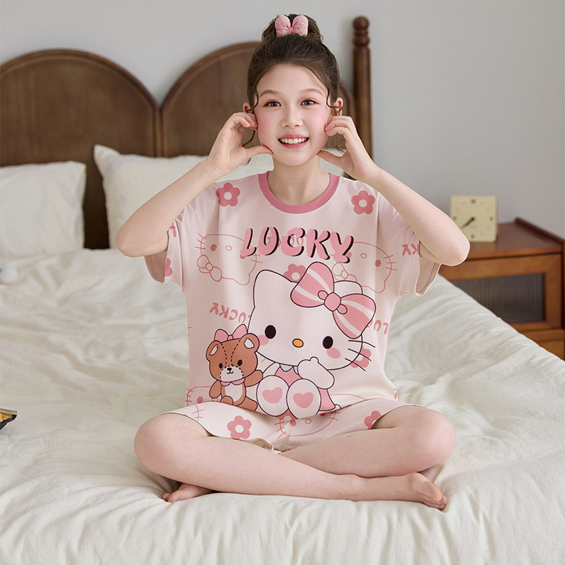 女童睡衣夏季纯棉短袖短裤ins卡通kitty猫儿童薄款大童家居服套装