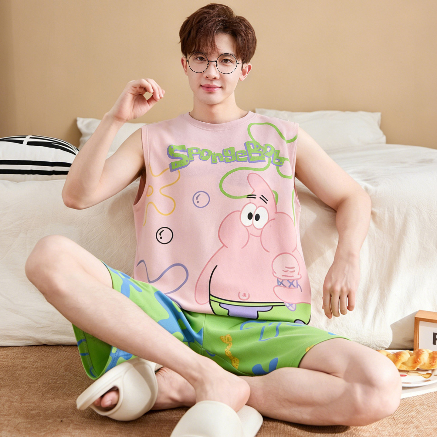 夏季纯棉无袖背心男士睡衣ins卡通动漫派大星青少年家居服套装