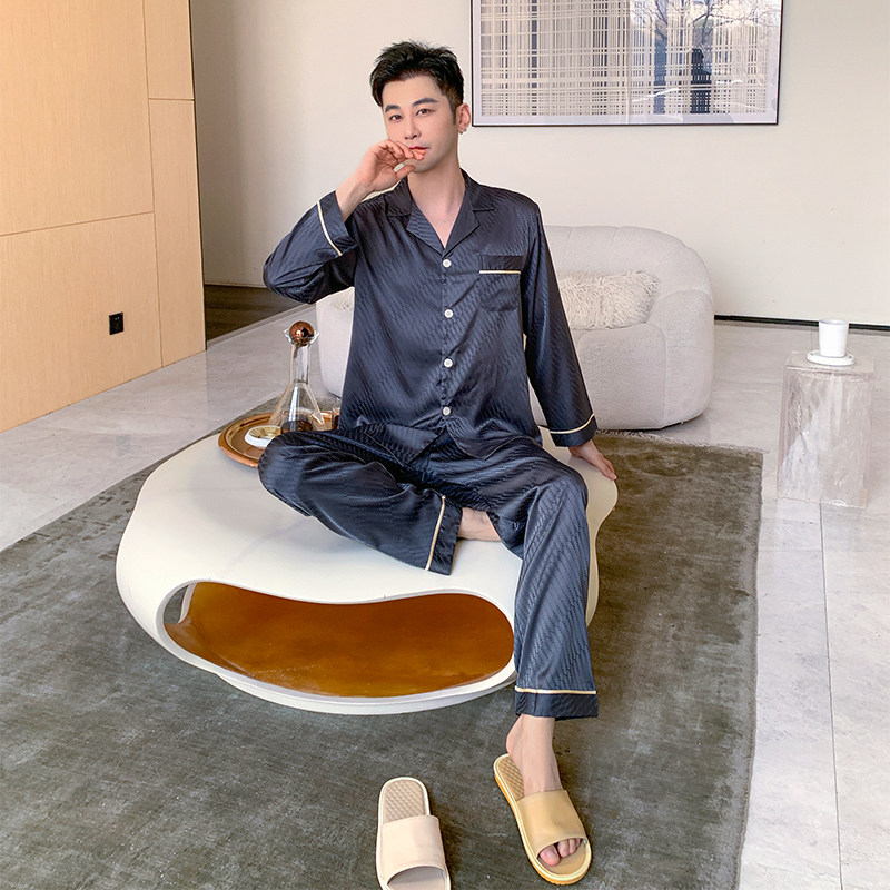 睡衣男士春秋季青少年学生高级感冰丝薄款长袖翻领开衫家居服套装