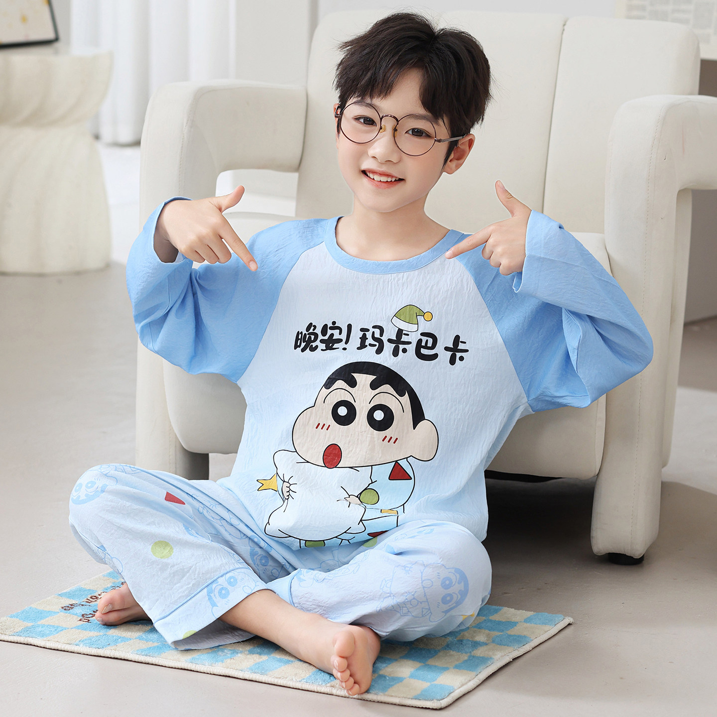 春秋季儿童纯棉男童睡衣青少年中大童卡通蜡笔小新长袖家居服套装