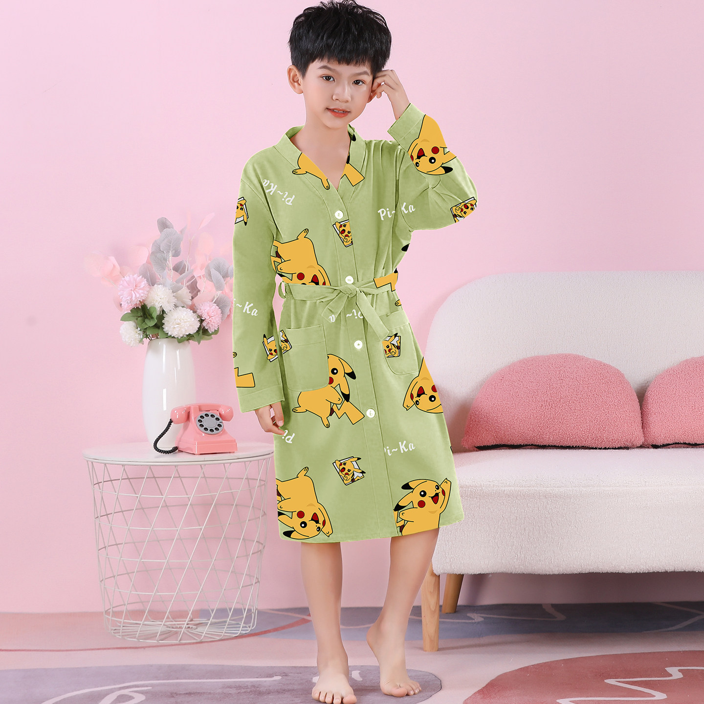 春秋季纯棉儿童浴袍睡衣ins卡通皮卡丘青少年大童男孩睡袍家居服