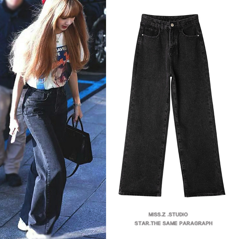 rose朴彩英lisa同款韩版高腰直筒阔腿牛仔裤休闲长裤子秋冬新款潮