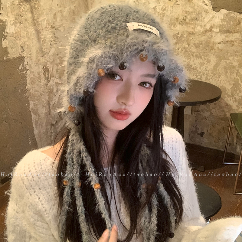 韩系复古彩色针织绑带毛线帽女