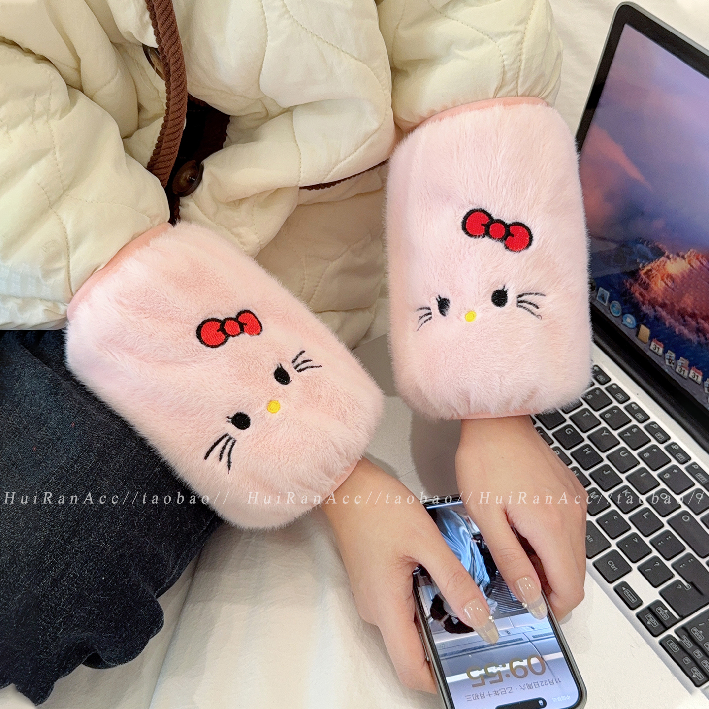 卡通kt猫毛绒羽绒服袖套女防脏