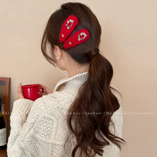 新年喜庆红色水钻猫咪毛绒发夹