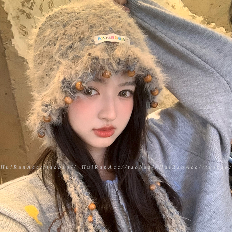 韩系彩色毛绒流苏针织帽女