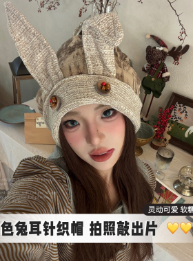 纽扣猫耳朵包头帽复古小众设计感