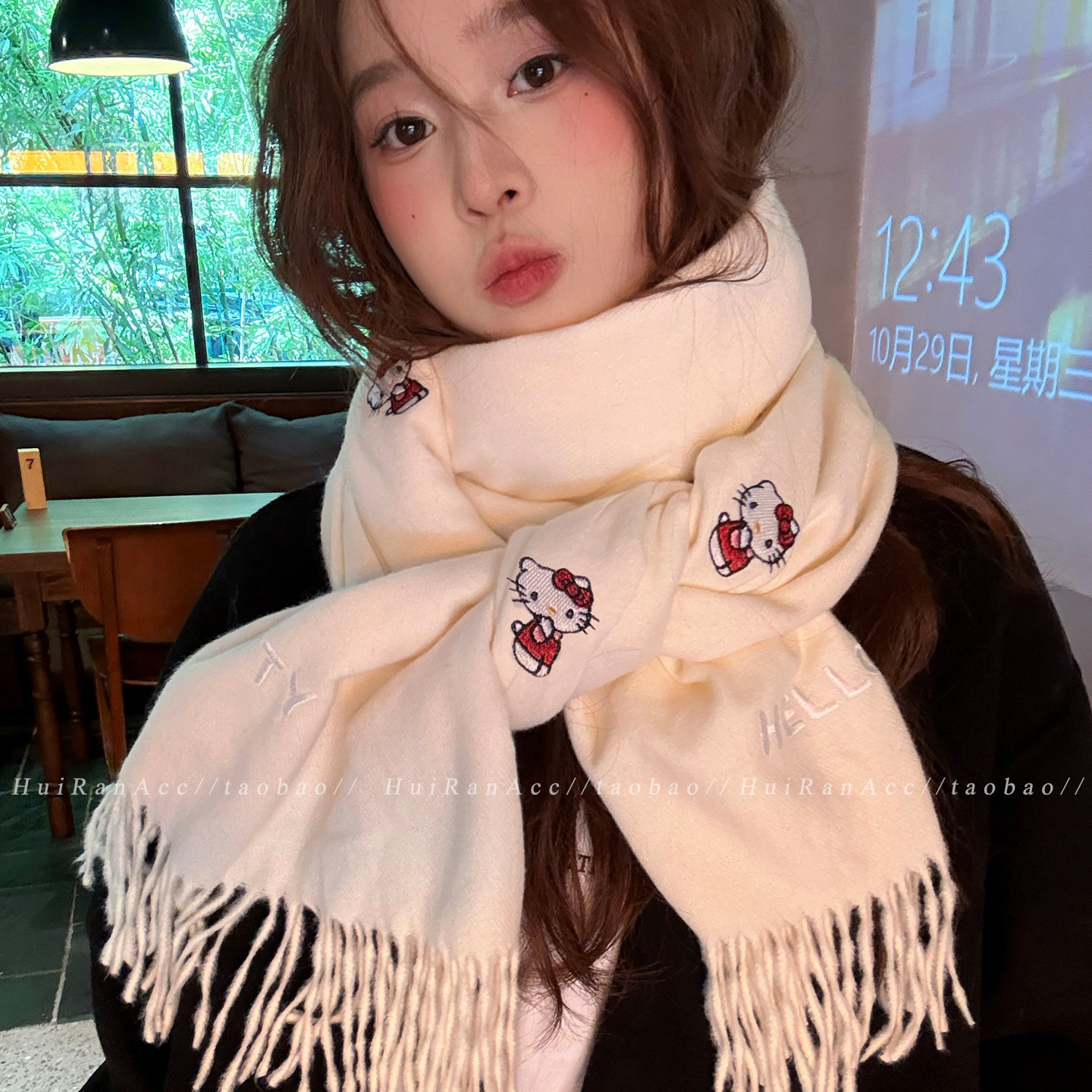 米色Kitty猫流苏针织围巾女2025新款冬季氛围感保暖防风护颈围脖