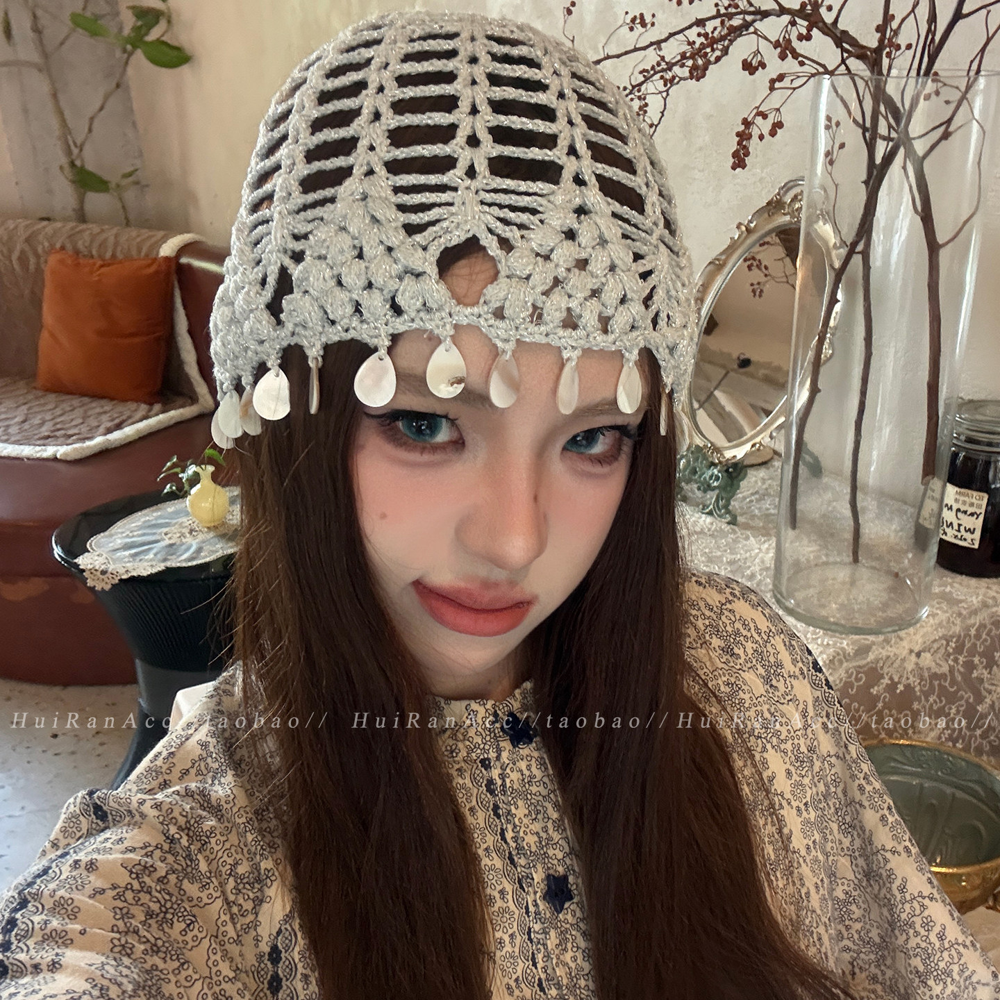 手工编织贝壳圆片流苏镂空包头帽女透气小众设计感显脸小堆堆帽子