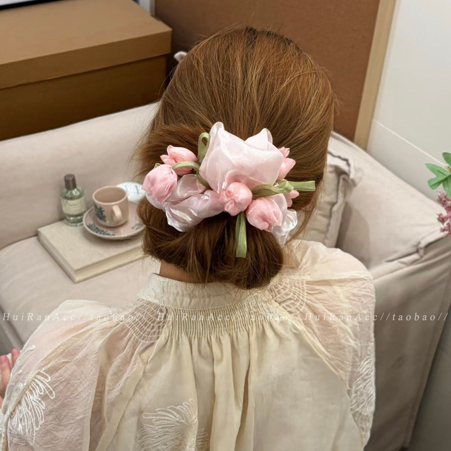 超仙粉色郁金香花朵大肠发圈女2026新款高弹力丸子头头绳皮筋头饰