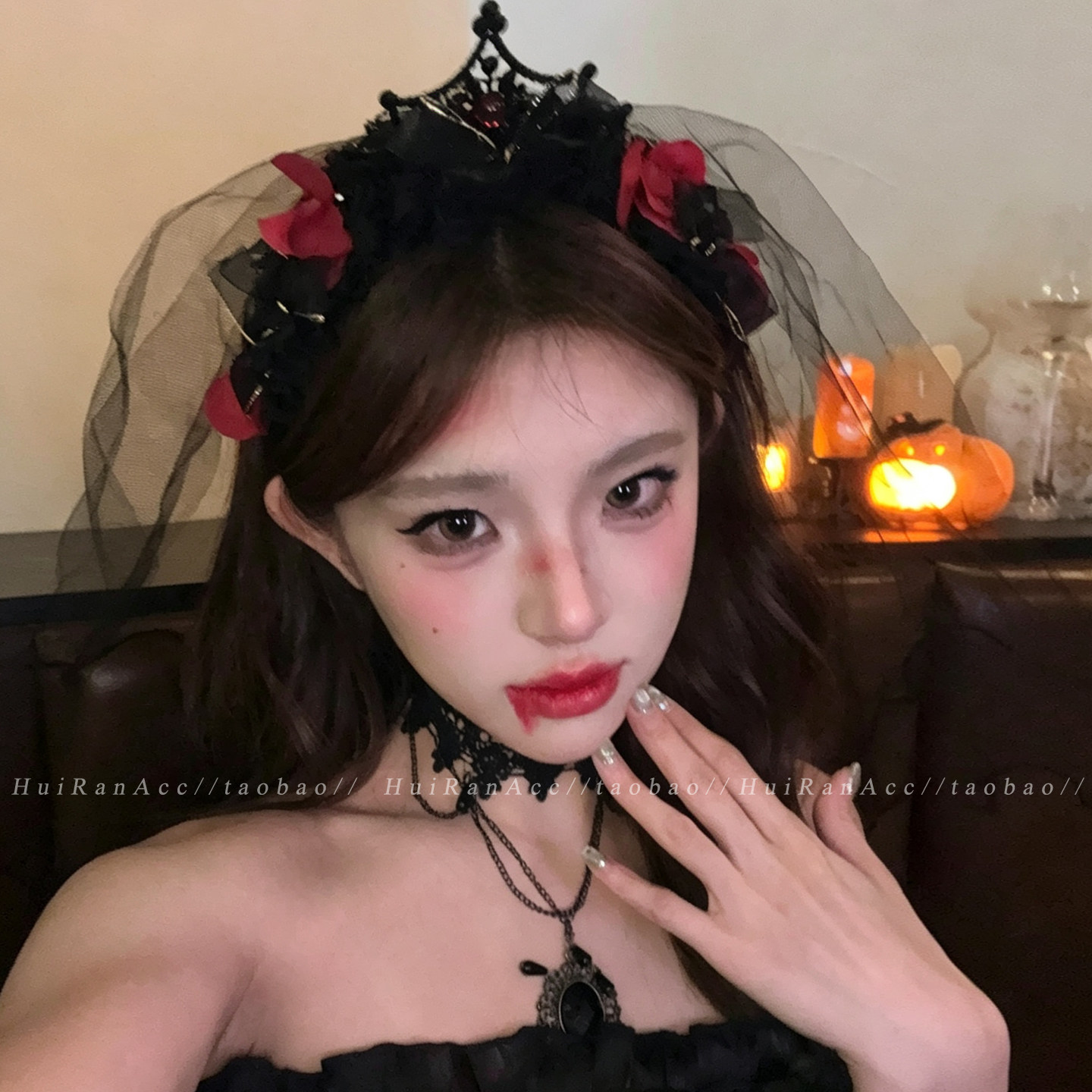哥特风黑纱玫瑰皇冠发箍2026新款万圣节派对道具氛围感cos装扮女