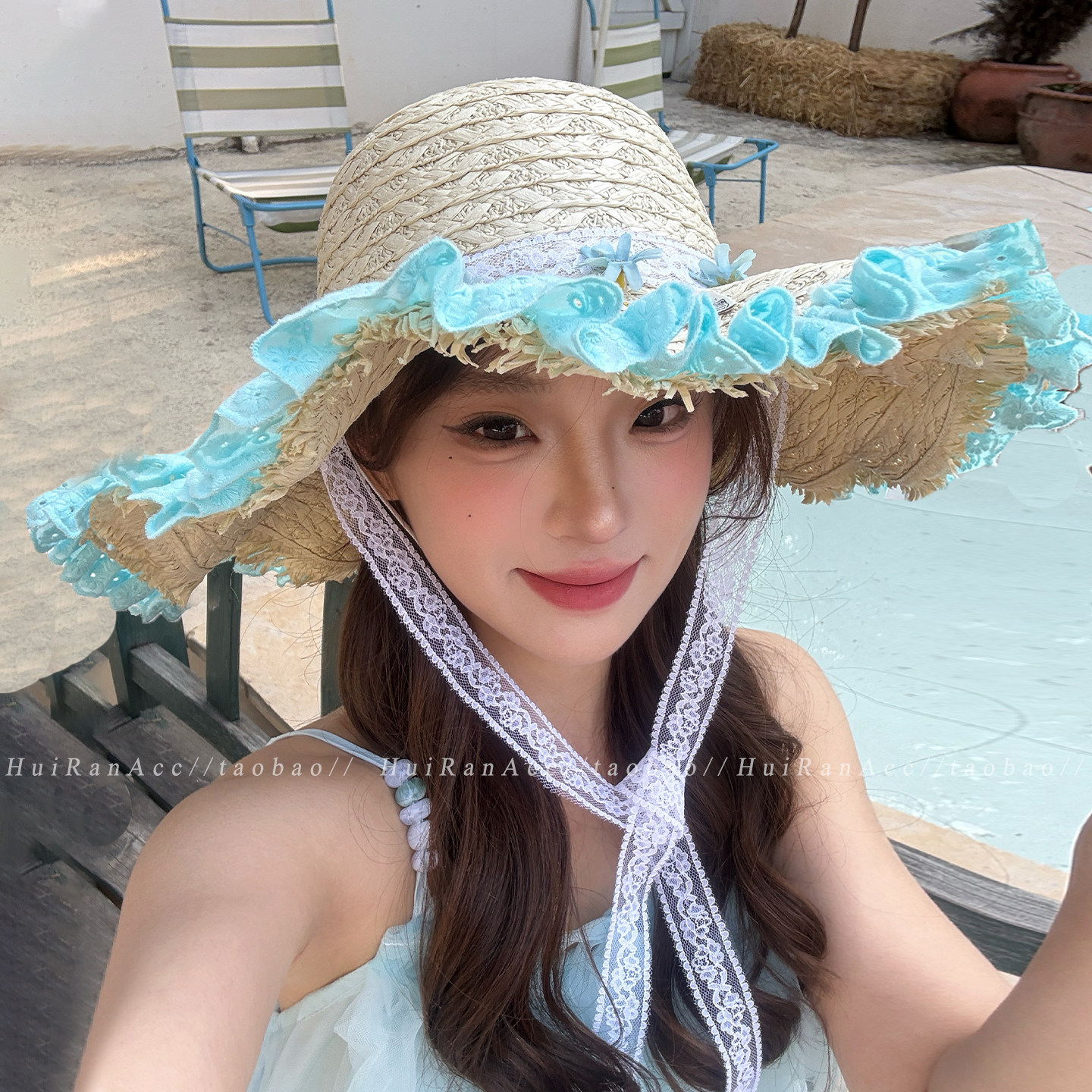 夏季蕾丝飘带花边草帽海边度假