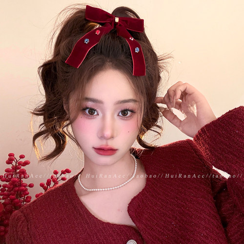 彩色水钻红色丝绒蝴蝶结飘带发夹