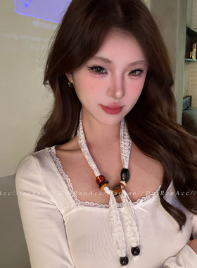 白色蕾丝串珠丝巾项链春夏系脖