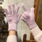 蝴蝶结针织毛绒手套仿兔毛加厚韩版 秋冬保暖露指可触屏骑行手套女