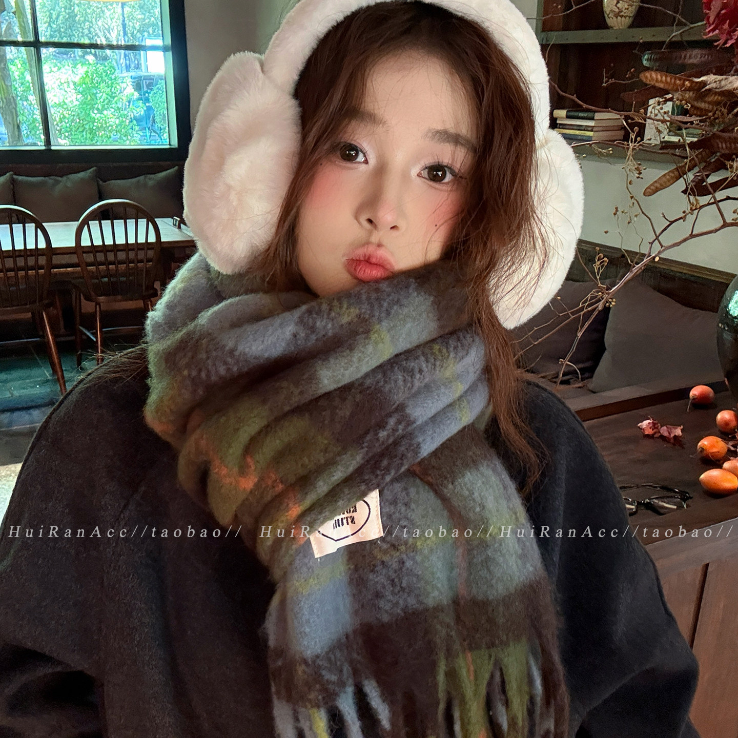 韩版氛围感绿色格纹围巾女2026新款秋冬加厚保暖流苏披肩百搭围脖