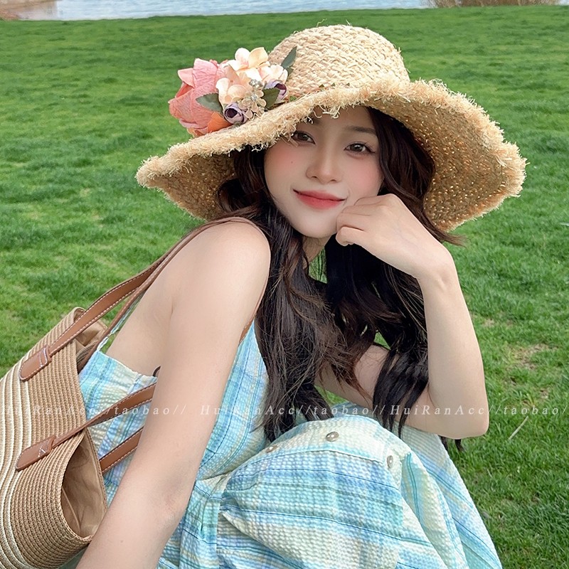 赫本风草编花朵草帽女夏季海边