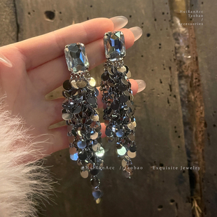 轻奢银色亮片流苏耳环女2026新款复古夸张气质金属耳钉欧美风耳饰