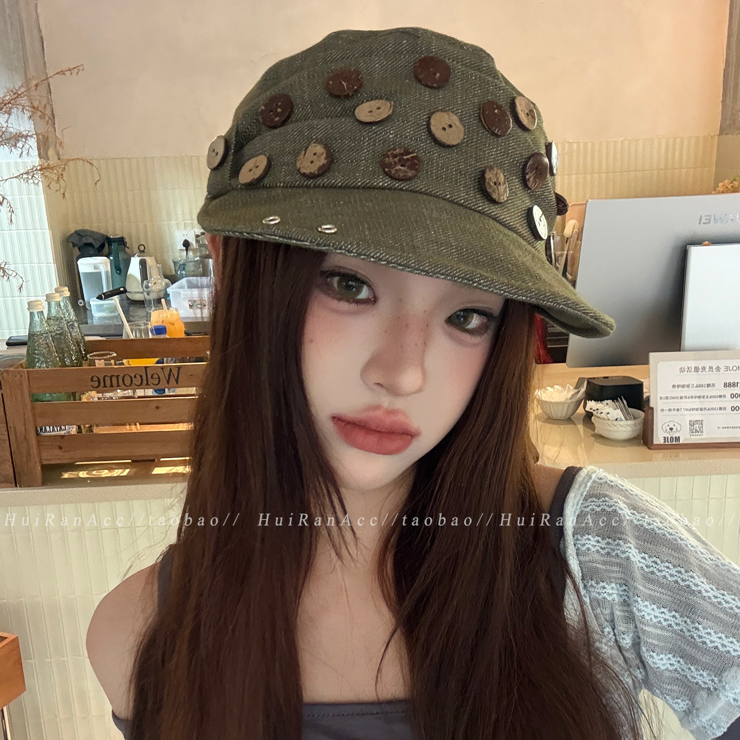 复古军绿色纽扣平顶帽子女秋季软檐穿搭拍照街头情侣时尚画家帽潮