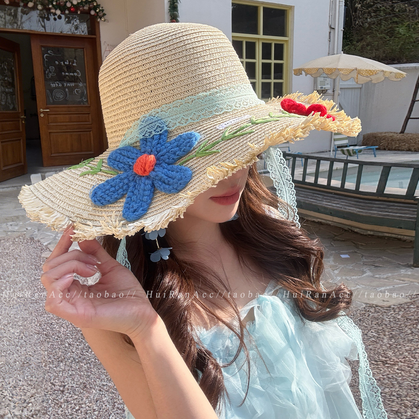 海边度假风花朵蕾丝飘带草帽女2026新款夏季大帽檐遮阳帽防晒帽子