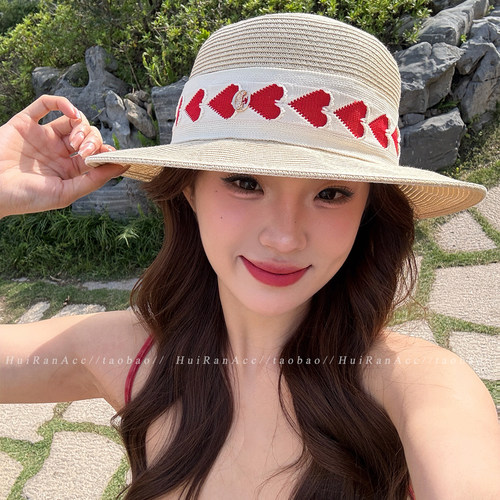 法式爱心拉菲草编平顶草帽