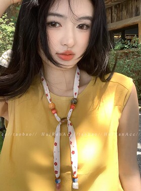 韩系红色小花串珠项链小众设计感