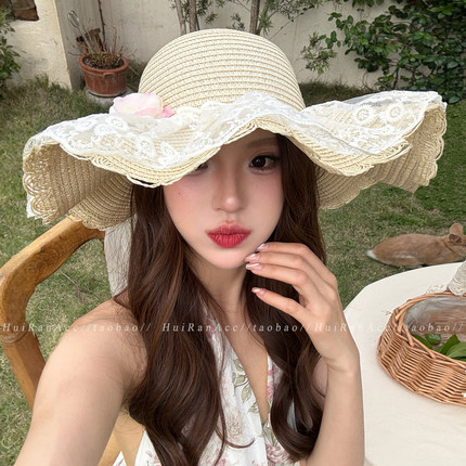 夏季蕾丝蝴蝶结草帽女2026新款大帽檐防晒帽沙滩出游宽檐草编帽子