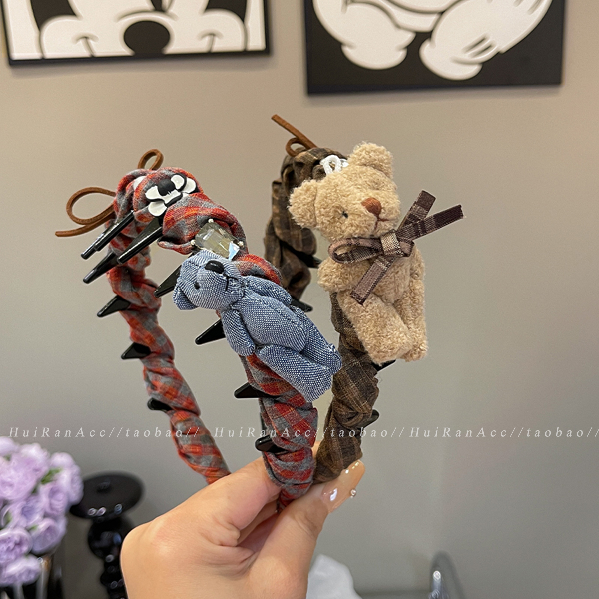 千禧甜妹～格纹小熊蝴蝶结发箍