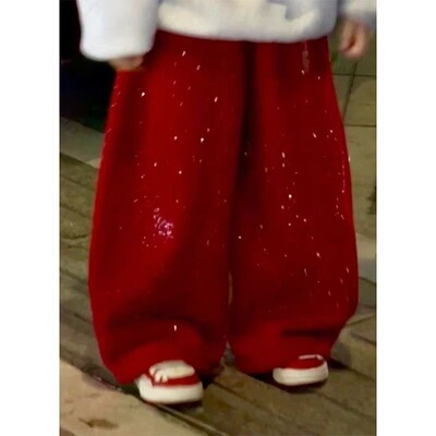男女痞帅亮钻过年服加绒卫裤秋冬季2026新款儿童洋气红色百搭裤子